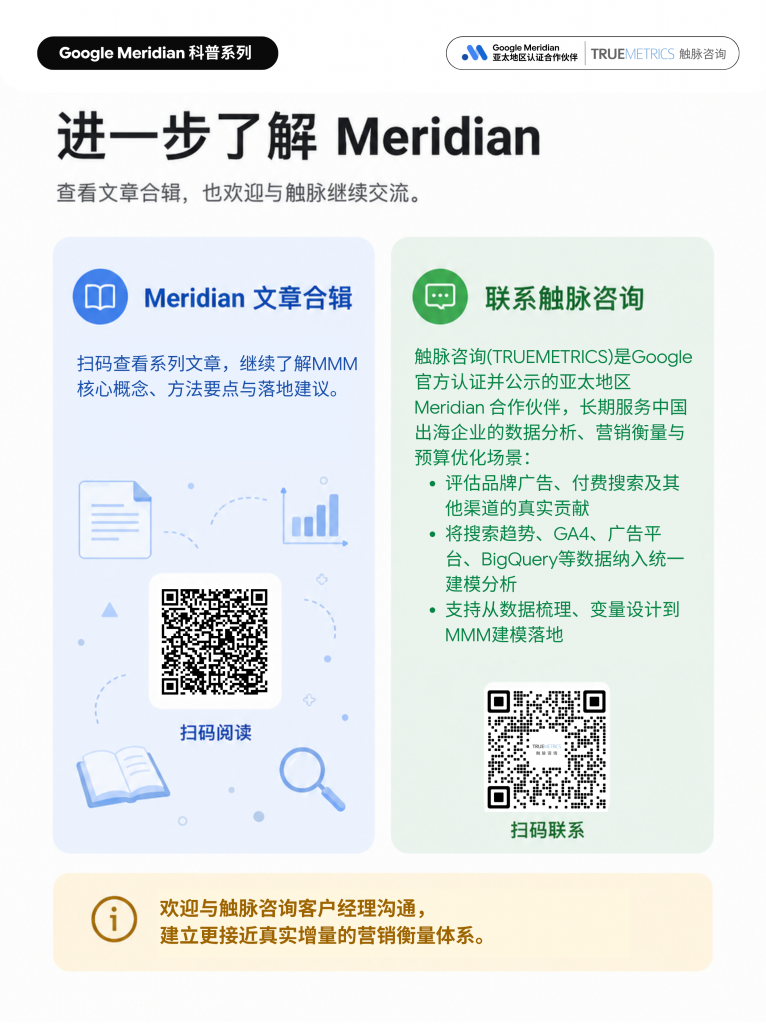 Meridian 延伸阅读与联系触脉咨询的信息图，左侧为 Meridian 文章合辑二维码，右侧为触脉咨询联系方式二维码，并说明触脉咨询是 Google Meridian 亚太地区认证合作伙伴。