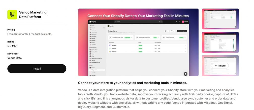 进入 Shopify App Store,搜索并安装 Vendo Marketing Data Platform。
安装后,Vendo 会作为 Shopify 后台中的 App 出现,用于管理后续的数据集成。