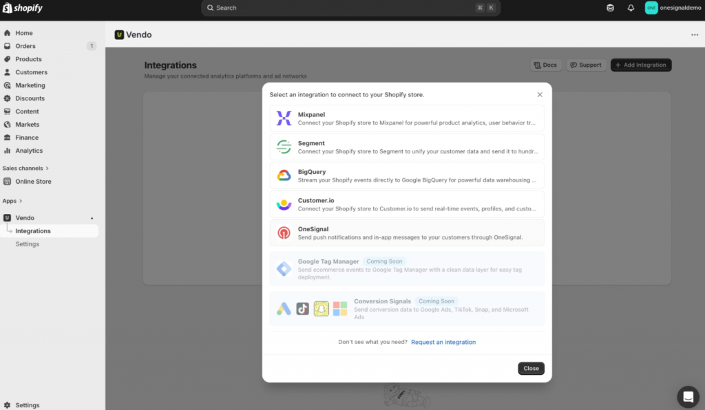 在 Shopify 后台进入 Apps → Vendo → Integrations,点击 Add Integration。
在集成列表中选择 OneSignal,用于将 Shopify 客户和行为数据同步到 OneSignal。