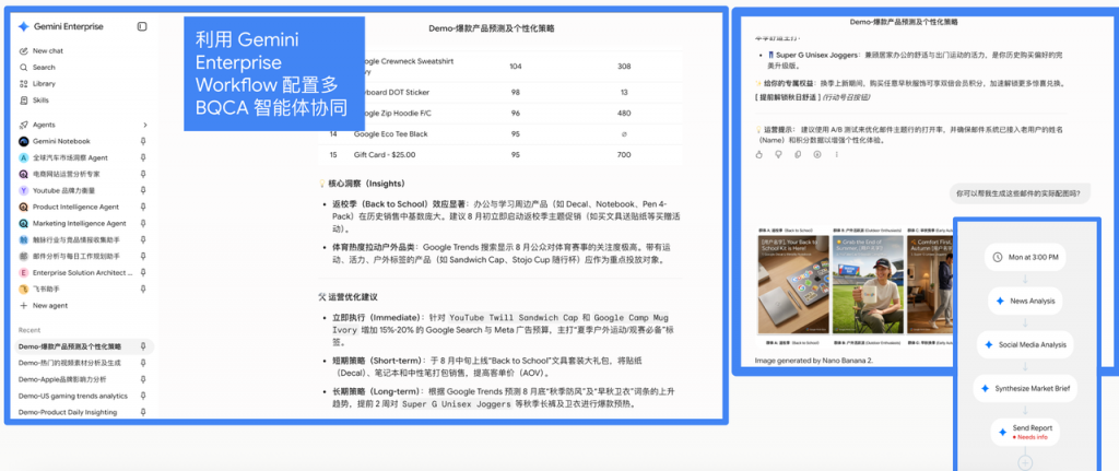 Google Marketing Growth Agent 使用 Gemini Enterprise Workflow 与 BQCA 组织营销工作流的演示